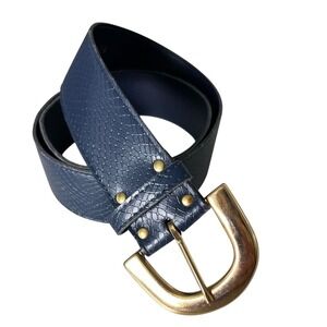 Women's Navy Blue Vegan Leather Belt Gold Tone Buckle 37"